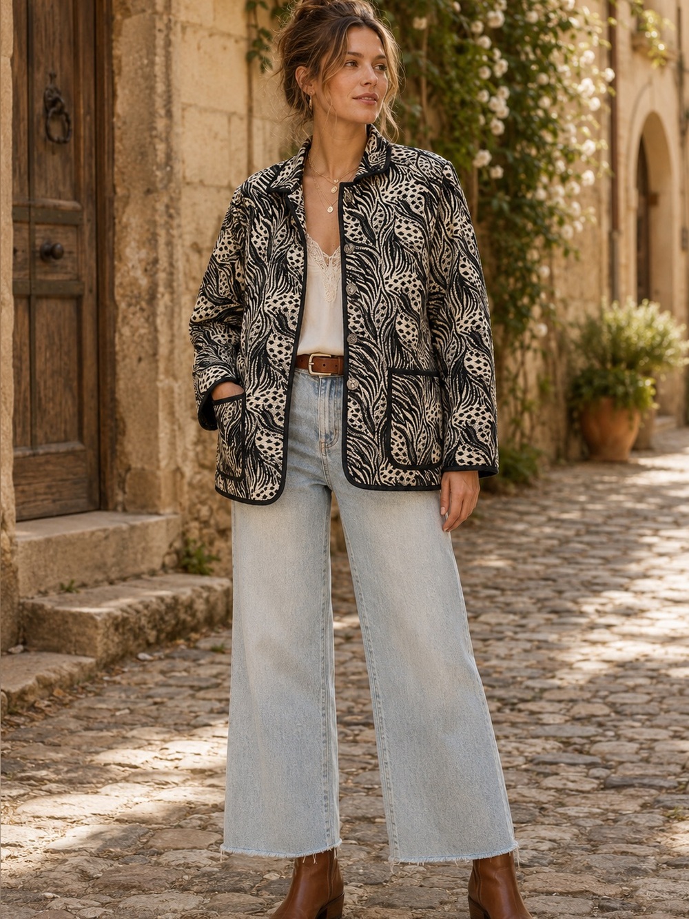 Jane Ashley XL Tapestry Jacket Black Ivory Leaf Print Boho Botanical Art to wear